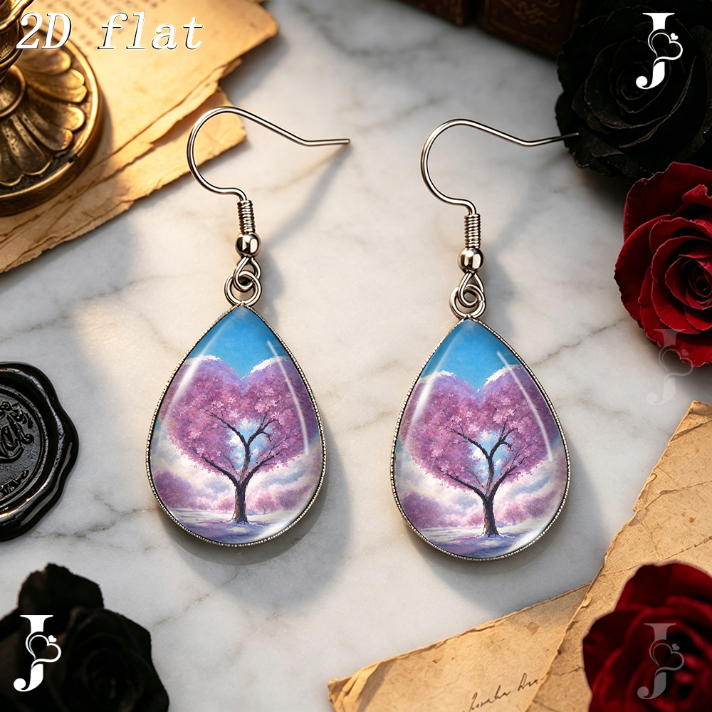 Teardrop Dangle Earrings with Heart Shaped Pink Flower Design